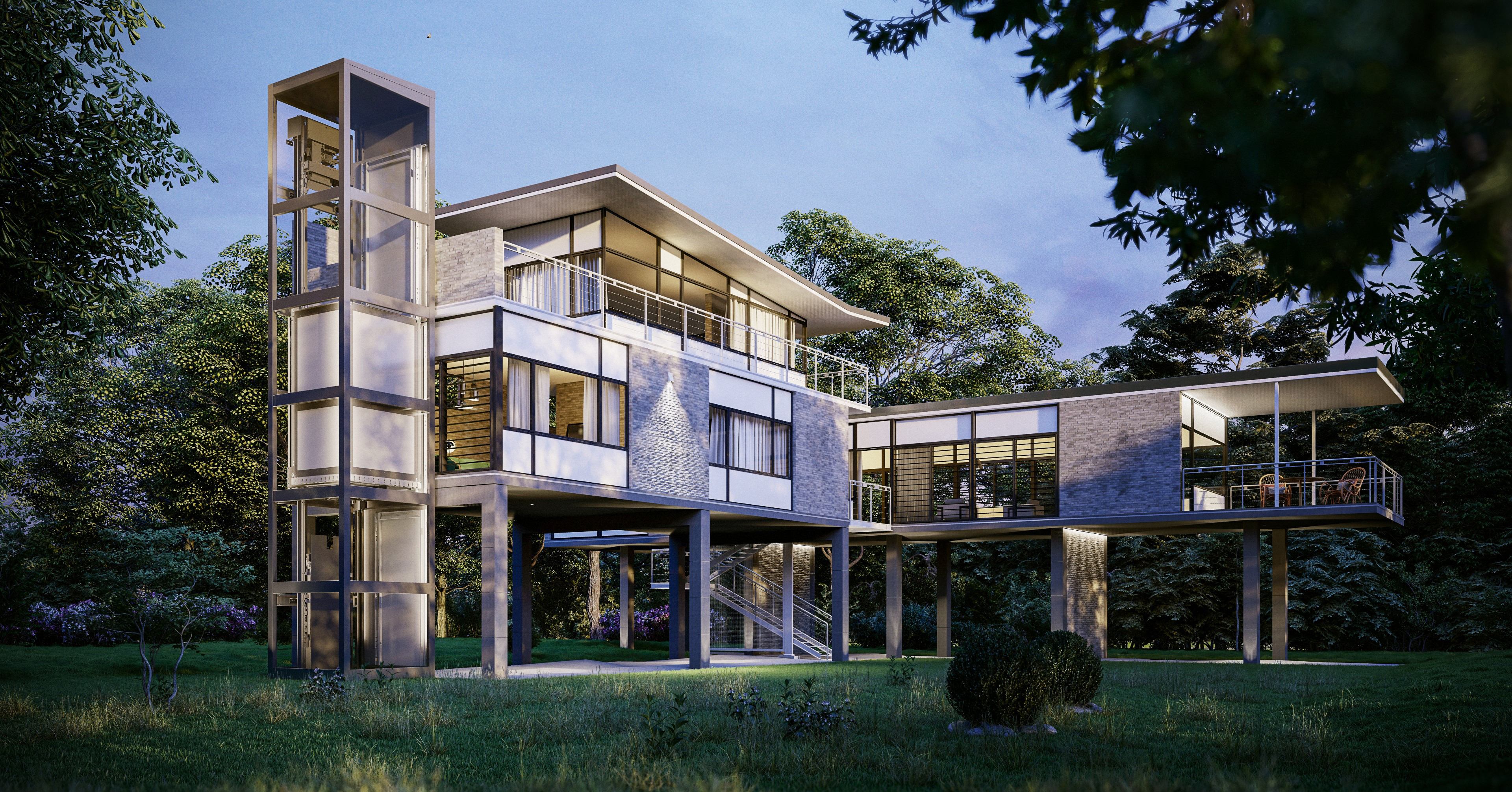 Outdoor home elevator at dusk