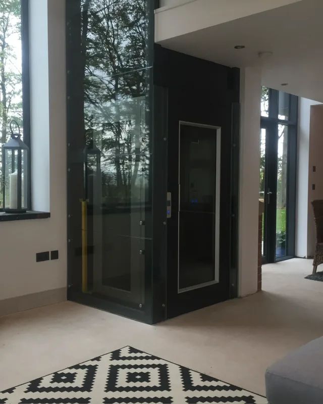 Black glass elevator beside a tall window in a modern living room