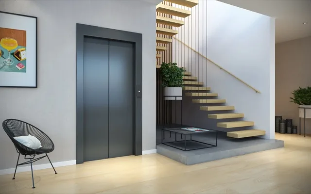 Elevator beside an open staircase in a bright living room, representative render