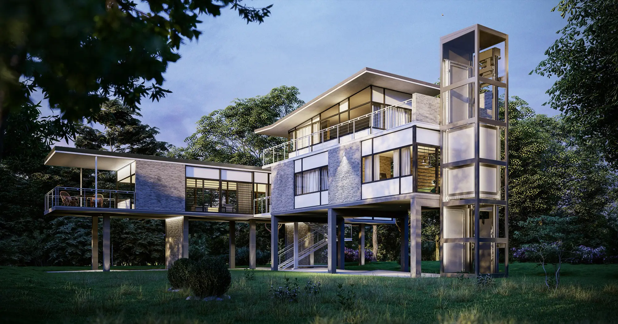 Representative installation: a modern house on stilts at dusk, with a glass elevator on a steel structure serving three levels.