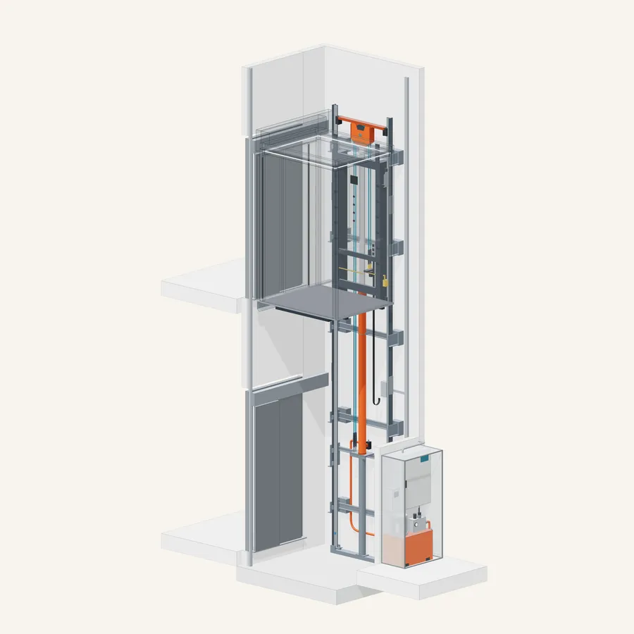 3D model of a hydraulic home elevator in a typical two-floor shaft, with the cylinder, the piston and its two ropes beside a stainless steel cab