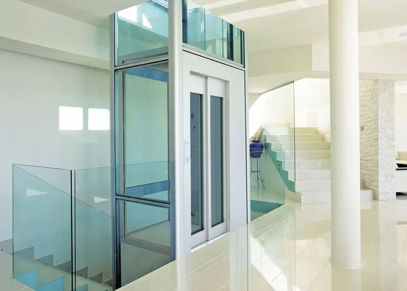 Representative installation: an elevator with a glazed cab on a self-supporting structure, beside the staircase in the hall of a house.