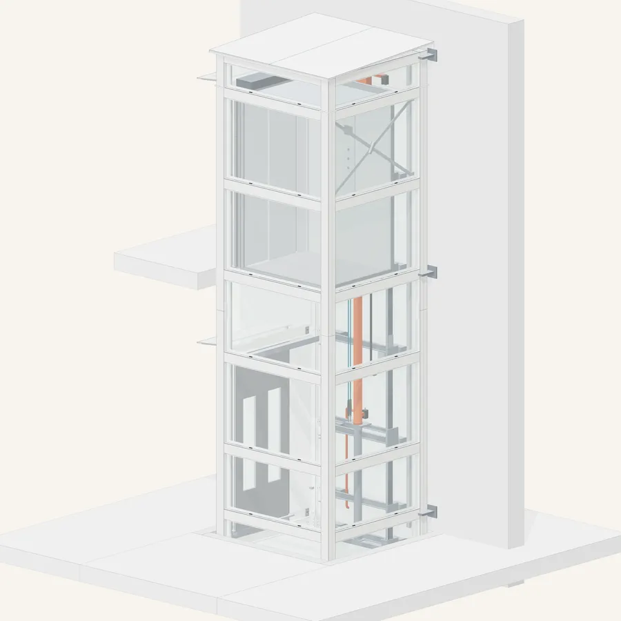 3D model of a self-supporting structure for a home elevator in a typical two-floor layout, with four steel uprights, beams at each floor, glass panes and a hydraulic elevator inside, anchored to the house