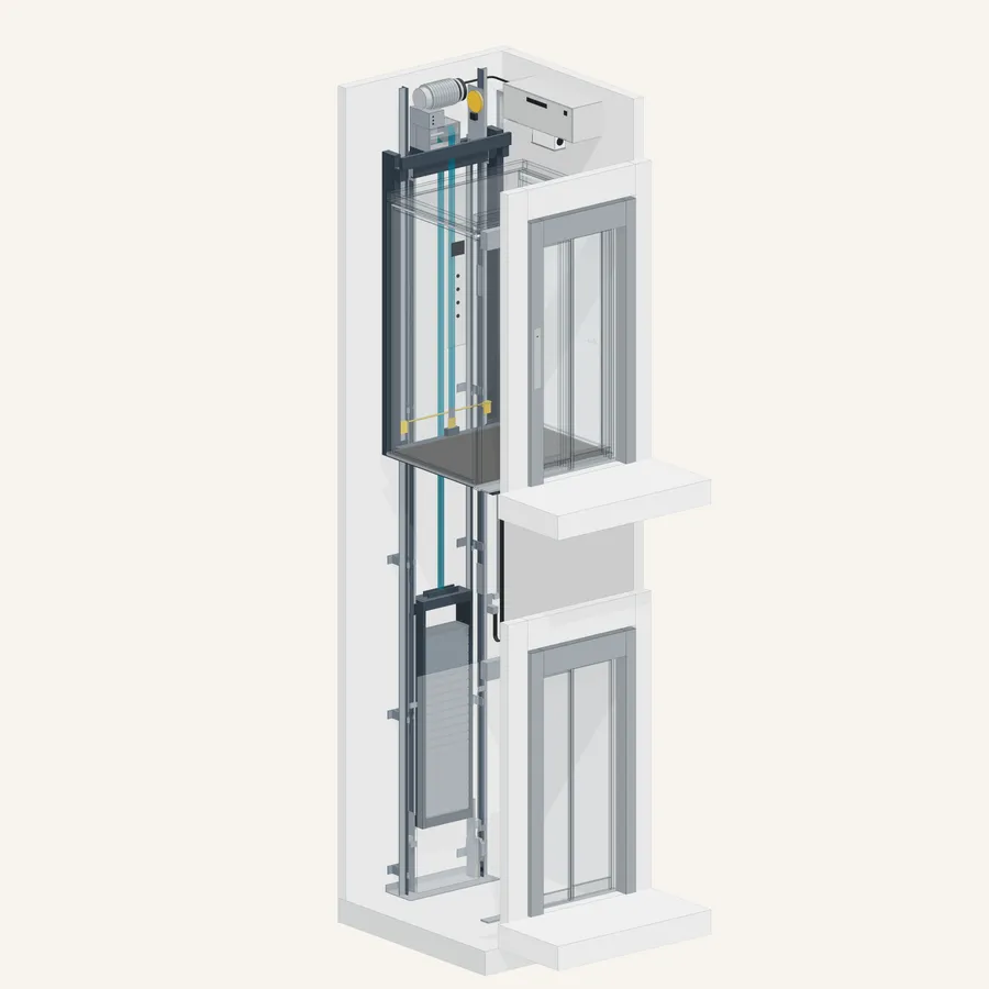 3D model of a traction home elevator in a typical two-floor shaft, with a glass-walled cab, the counterweight behind it and the motor at the top
